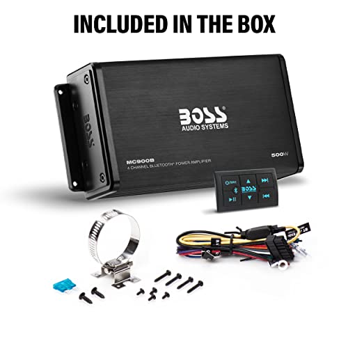 Boss Audio Marine Amplificador de 4 Canales, 500 W/bocina de 16.51 cm, Sistema Bluetooth de bocinas, Bluetooth Remoto, USB Auxiliar, Interfaz de Montaje, Bolsa Impermeable
