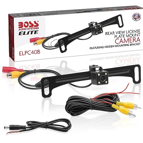 BOSS Audio Systems ELPC40B Cámara de visión trasera para coche, soporte para placa de matrícula, color de alta resolución, fácil montaje, ángulo de visión de 170°, resistente a la intemperie, baja visibilidad de luz, guía de distancia en visualización
