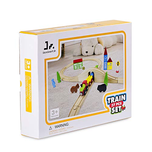 SainSmart Jr. Wooden Train Set Toy with Train Tracks, Magnetic Train Cars and Wooden Bridge Railway Set for Toddlers