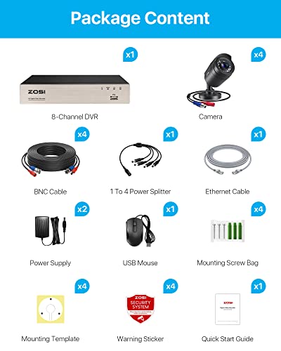 zosi 8-Channel HD-TVI 720P 1080N DVR Cámara de vigilancia de video Seguridad Kit 8 x 1280TVL Cámaras de interior exterior IR resistente a la intemperie 65 pies 20 m de visión nocturna con IR Cut sin disco duro