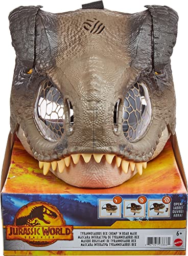 Jurassic World Dominion Tyrannosaurus Rex Chomp N Roar Mask, Costume Dinosaur Toy with Multi-Level Motion and Roar Sounds