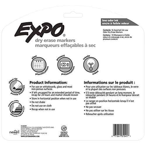 Expo Marcadores de borrado en seco de bajo olor, punta cincel, surtidos, 16 unidades