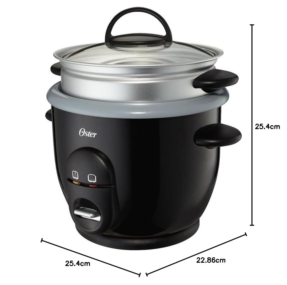 Oster CKSTRC61K-TECO Arrocera y cocina de granos, infundida con titanio, 6 tazas con bandeja de vapor, mediano/talla única, plateado/negro