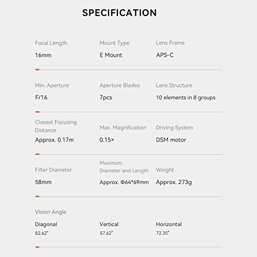 Yongnuo YN16MM F1.8S Lente de Gran Angular Prime para Sony E-Mount, Lente de Marco APS-C de Gran Apertura, Enfoque automático, para cámaras Sony sin Espejo