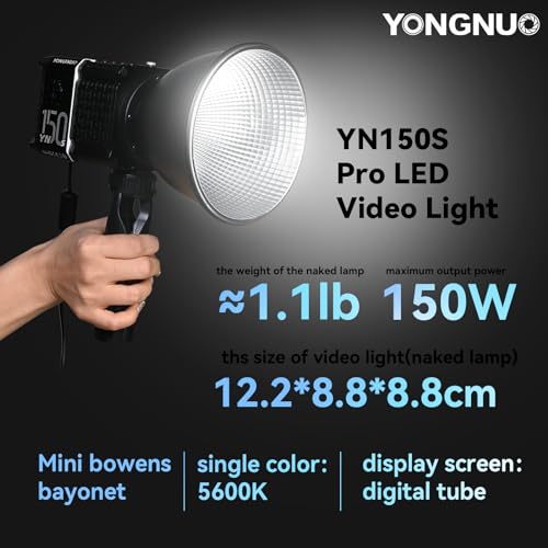 YONGNUO YN150S - Luz de video LED COB de 150 W 5600 K, luz de día, luz de salida continua de mano para fotografía, 15000 lux CRI95+ luces de estudio, con ventilador de refrigeración y soporte Bowens