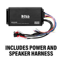 Boss Audio Marine Amplificador de 4 Canales, 500 W/bocina de 16.51 cm, Sistema Bluetooth de bocinas, Bluetooth Remoto, USB Auxiliar, Interfaz de Montaje, Bolsa Impermeable