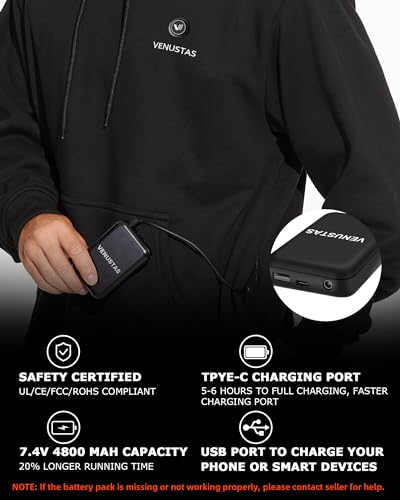Venustas - Sudadera con capucha climatizada con batería de 7.4 V para unisex con 5 zonas de calefacción, sudadera con calefacción para hombres y mujeres