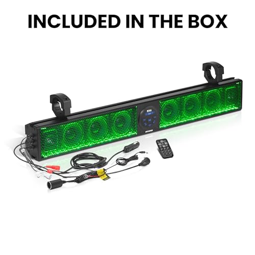 BOSS Audio Systems BRT36RGB ATV UTV Sistema de barra de sonido – 36 pulgadas de ancho, clasificación IPX5, resistente a la intemperie, audio Bluetooth, amplificado, altavoces de 4 pulgadas, tweeters de 1 pulgada, puerto USB, iluminación RGB multicolor