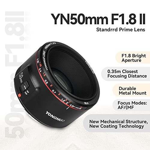 Yongnuo YN50MM F1.8 II AF/MF 0.35M Focus Distance Standard Prime Lens Black for Canon DSLR Camera