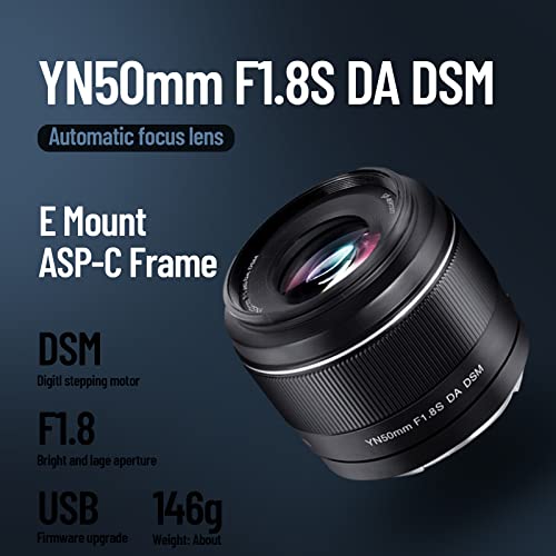 YONGNUO YN50mm F1.8S Lente 50mm F1.8 Apertura Larege, APS-C estándar Prime E-Mount, enfoque manual automático AF MF USB para cámaras Sony, negro