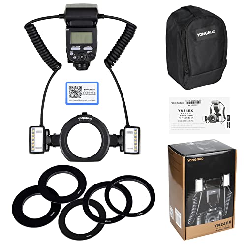 YONGNUO YN24EX YN-24EX 24EX, TTL Macro Ring Flash LED Macro Flash Speedlite, con 2 Cabezales de Flash y 4 Anillos adaptadores para Canon