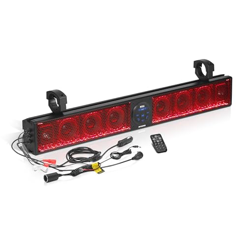 BOSS Audio Systems BRT36RGB ATV UTV Sistema de barra de sonido – 36 pulgadas de ancho, clasificación IPX5, resistente a la intemperie, audio Bluetooth, amplificado, altavoces de 4 pulgadas, tweeters de 1 pulgada, puerto USB, iluminación RGB multicolor
