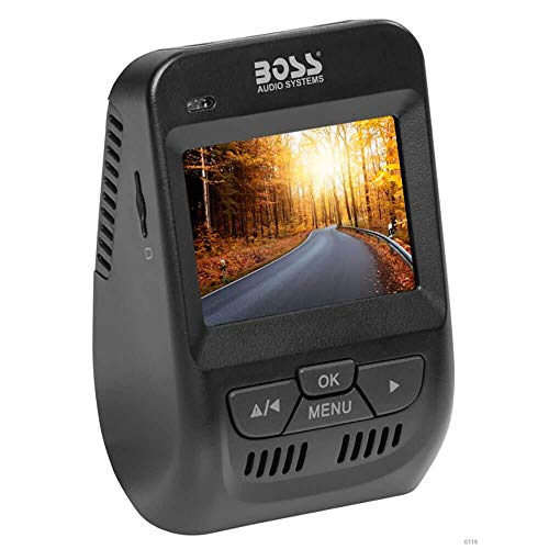 BOSS Audio BCAM70 - Sistema DVR para salpicadero de coche, visualización LCD de 2,4 pulgadas, grabación 1080P, cámara trasera incluida, grabación frontal trasera, detección de movimiento, grabación en bucle automático, gran angular de 110 grados