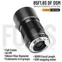YONGNUO F1.8S DF DSM de 85 mm, lente de teleobjetivo medio Prime para Sony E Mount, lente de retrato de fotograma completo, negro