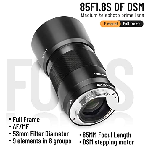 YONGNUO F1.8S DF DSM de 85 mm, lente de teleobjetivo medio Prime para Sony E Mount, lente de retrato de fotograma completo, negro
