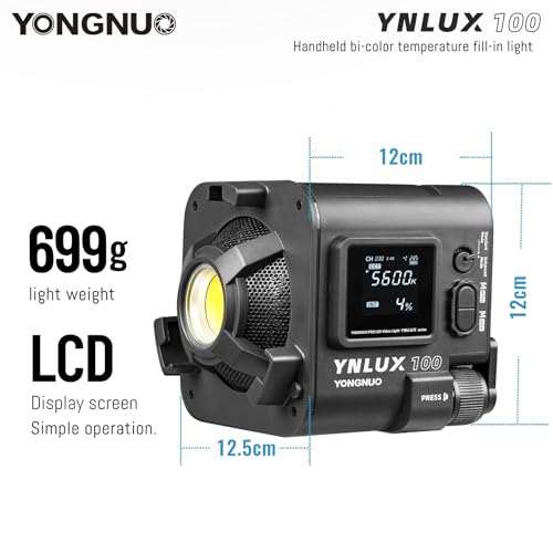 Yongnuo YNLUX100 - Luz de video LED con soporte Bowen y reflector, iluminación LED continua 3200-5600 K bicolor, CRI95+, 12188Lux@1M, control remoto inalámbrico 2.4G para bodas, videos de YouTube