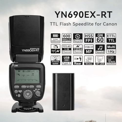 YONGNUO YN690EX-RT Flash de cámara para Canon, TTL HSS 1/8000s GN60 flash inalámbrico Speedlite, batería de iones de litio de 2000mAh con interfaz de carga tipo C, soporte óptico maestro y función