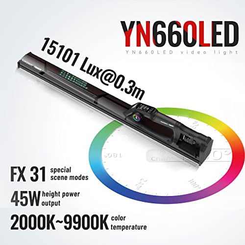 YONGNUO YN660LED Luz de video LED, luz de varita de mano de 45 W, luz de tubo LED RGB a todo color, CRI96 2000K-9900K ajustable, efecto de iluminación 31, para fotografía de video de YouTube