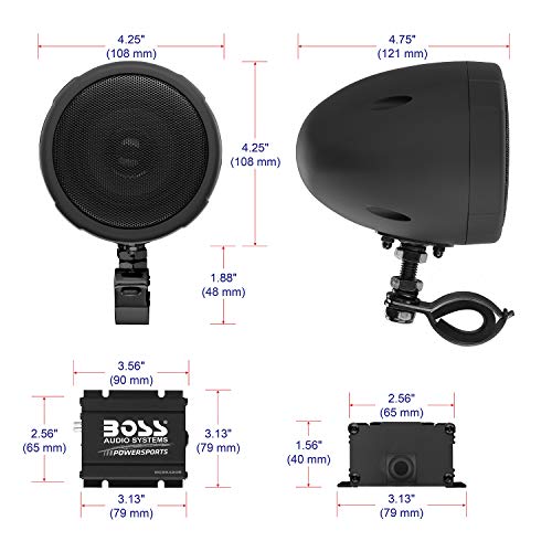 BOSS Audio Systems - Altavoces para motocicleta de 3 pulgadas y sistema de sonido amplificador de audio - Amplificador compacto clase D, resistente a la intemperie