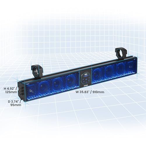 BOSS Audio Systems BRT36RGB ATV UTV Sistema de barra de sonido – 36 pulgadas de ancho, clasificación IPX5, resistente a la intemperie, audio Bluetooth, amplificado, altavoces de 4 pulgadas, tweeters de 1 pulgada, puerto USB, iluminación RGB multicolor
