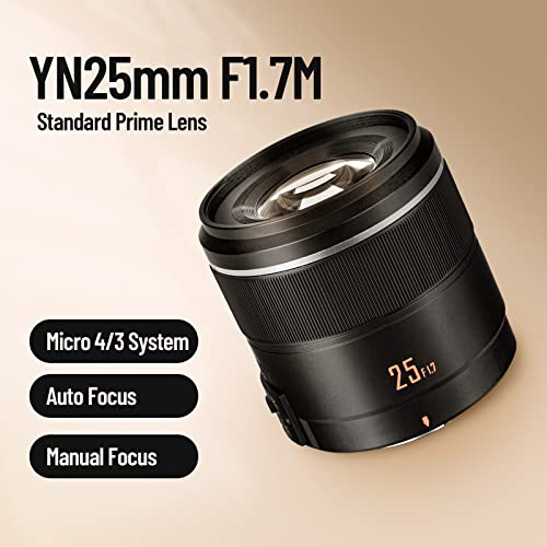 Yongnuo YN25mm F1.7M Lente Prime estándar de enfoque automático, micro sin espejo, cuatro tercios, compatible con cámaras Olympus y Panasonic, color negro