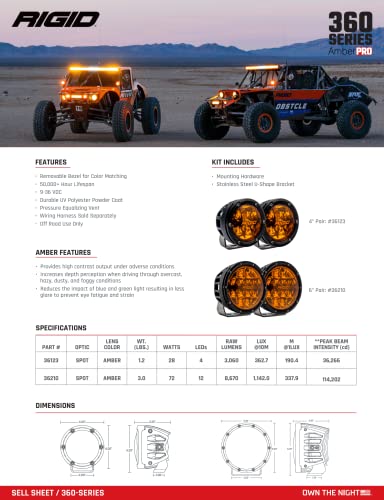 RIGID INDUSTRIES 36210-360-Series - Óptica de punto de 6 pulgadas con lente ámbar PRO e iluminación trasera | Par