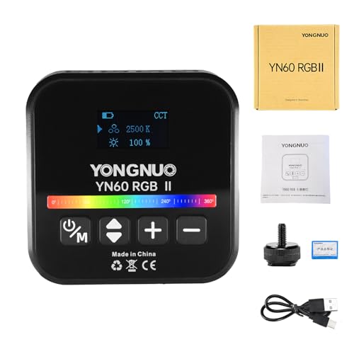 YONGNUO YN60RGB II - Panel de luz LED con visualización OLED, 68 lámparas LED de 2500-9900 K, temperatura de color CRI 95+ HSI 0-360 grados, 25 modos de escena especiales, batería de litio integrada