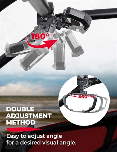 KEMIMOTO - Espejo retrovisor UTV con luz incorporada, batería recargable incorporada, espejo UTV ajustable de 360 ° para barra enrollable de 1.6-2 pulgadas, compatible con Polaris RZR Mule