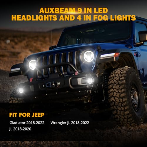 Auxbeam 2024 - Luces LED redondas mejoradas de 9 pulgadas + luces antiniebla de 4 pulgadas para Jeep Wrangler JL JLU Sport Sahara Rubicon Gladiator JT con DRL y señal de giro, luz redonda