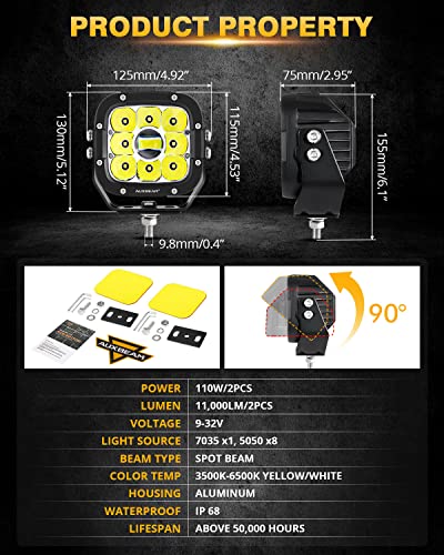 Auxbeam - Combo de luces LED de niebla y conducción de 5 pulgadas y 110 W, foco de enfoque, cápsulas de luz amarilla/blanca con 2 cubiertas de ámbar reemplazables, luces de foco para conducción todoterreno, cubeta LED, par