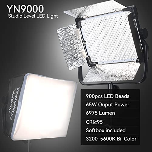 YONGNUO YN9000 - Luz LED de video para estudio de YouTube, iluminación de fotografía, 900 cuentas LED + caja de luz CRI 95+ aplicación de teléfono móvil, control remoto con soporte en U, bicolor, 3200K-5600K