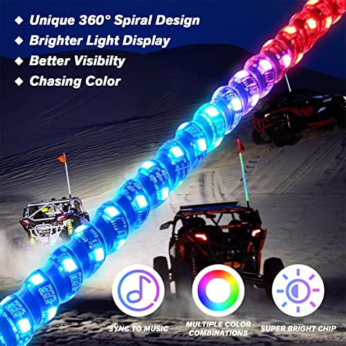 omotor 2 luces LED de 4 pies con Bluetooth y control remoto en espiral RGB Chase Light Offroad 360 ° Spiraling Rising Dream Wrap Baile látigos