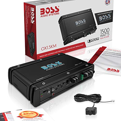 BOSS Audio Systems OX1.5KM Onyx Series - Amplificador de subwoofer de audio para coche, 1500 de alta salida, clase A/B, 2/4 ohmios, entradas de nivel bajo/alto, cruce de paso bajo, potencia MOSFET,