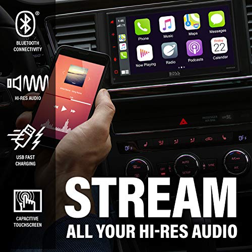 BOSS Audio Systems Elite BV850ACP Reproductor multimedia para coche con Apple CarPlay-Android Auto – Doble Din, pantalla táctil capacitiva LCD de 6,75 pulgadas, Bluetooth, USB, AM/FM, no CD/DVD, cámara trasera incluida