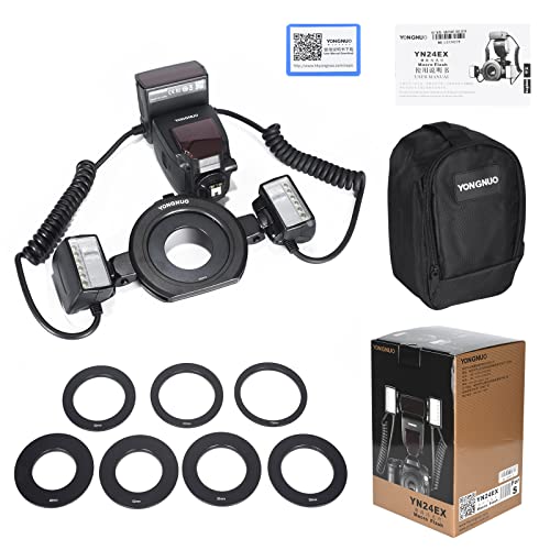 Yongnuo YN24EX S Macro Flash Speedlite, GN18 TTL con 2 cabezales de flash 7 anillos adaptadores, para cámaras Sony a6600 a6500 a6400 a7R4 a7R3 a7S3 a7S3 a7S3