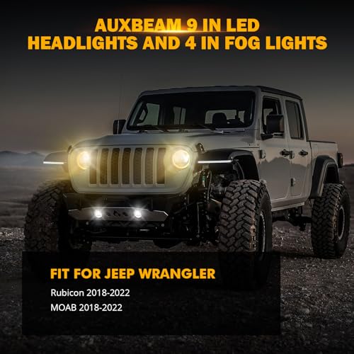 Auxbeam 2024 - Luces LED redondas mejoradas de 9 pulgadas + luces antiniebla de 4 pulgadas para Jeep Wrangler JL JLU Sport Sahara Rubicon Gladiator JT con DRL y señal de giro, luz redonda