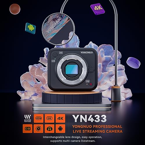 YONGNUO YN433 4K Cámara digital sin espejo, para transmisión en vivo en interiores, grabación continua de video Full HD, ligero, sistema de lentes Micro Cuatro Tercios M43, para lente de cámara