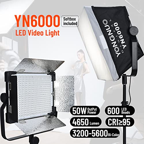 YONGNUO YN6000 Kit de luz LED de video con caja de luz y control de aplicaciones, 50 W regulable bicolor 3200K-5600 K iluminación de video CRI 95+, para juegos, transmisión/zoom/YouTube/Webex/fotografía