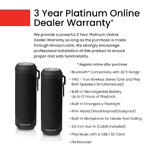 BOSS Audio Systems BOLT - Altavoz portátil inalámbrico Bluetooth – negro, altavoces fuertes de 1.5 pulgadas con graves, resistente a la intemperie, linterna, se vende en pares, para exteriores, hogar, fiesta, iPhone, computadora, computadora