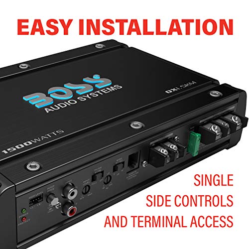 BOSS Audio Systems OX1.5KM Onyx Series - Amplificador de subwoofer de audio para coche, 1500 de alta salida, clase A/B, 2/4 ohmios, entradas de nivel bajo/alto, cruce de paso bajo, potencia MOSFET,