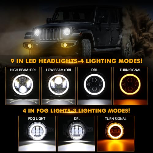 Auxbeam 2024 - Luces LED redondas mejoradas de 9 pulgadas + luces antiniebla de 4 pulgadas para Jeep Wrangler JL JLU Sport Sahara Rubicon Gladiator JT con DRL y señal de giro, luz redonda