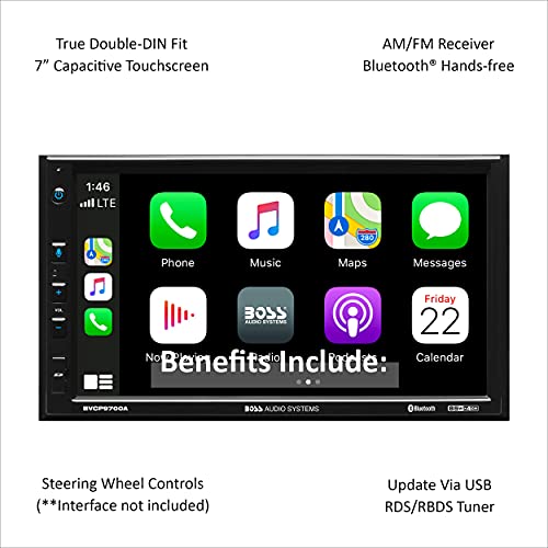 BOSS Audio Systems BVCP9700A-C Apple CarPlay Android Reproductor multimedia para coche - visualización táctil capacitiva de 7 pulgadas, Bluetooth, sin CD DVD, iluminación multicolor, cámara de