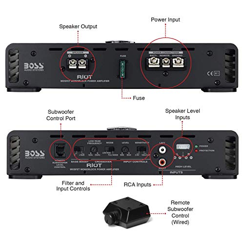 BOSS Audio Amplificador de energía MOSFET DE de 2 Canales, con Control Remoto para Nivel del subwoofer