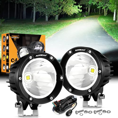Auxbeam - Luces LED redondas de 4 pulgadas y 90 W, color ámbar de 9000 lm, luces antiniebla superbrillantes redondas con kit de arnés de cableado, luz de cápsula para camión, SUV, ATV, UTV, Jeep Wrangler motocicleta