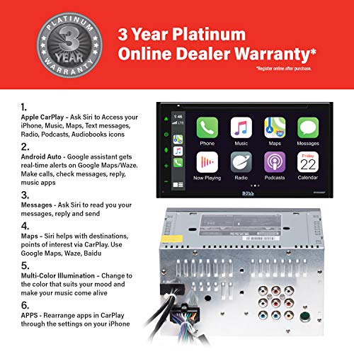 Boss Audio Systems Elite BV900ACP - Reproductor Multimedia para Coche con Apple CarPlay-Android Auto - Doble DIN, visualización táctil capacitiva de 6.75 Pulgadas, Bluetooth, DVD, CD, USB, Aux, Am FM
