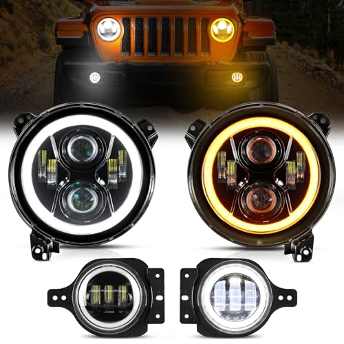Auxbeam 2024 - Luces LED redondas mejoradas de 9 pulgadas + luces antiniebla de 4 pulgadas para Jeep Wrangler JL JLU Sport Sahara Rubicon Gladiator JT con DRL y señal de giro, luz redonda