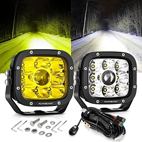 Auxbeam - Combo de luces LED de niebla y conducción de 5 pulgadas y 110 W, foco de enfoque, cápsulas de luz amarilla/blanca con 2 cubiertas de ámbar reemplazables, luces de foco para conducción todoterreno, cubeta LED, par