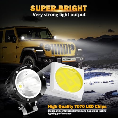 Auxbeam - Luces LED redondas de 4 pulgadas y 90 W, color ámbar de 9000 lm, luces antiniebla superbrillantes redondas con kit de arnés de cableado, luz de cápsula para camión, SUV, ATV, UTV, Jeep Wrangler motocicleta