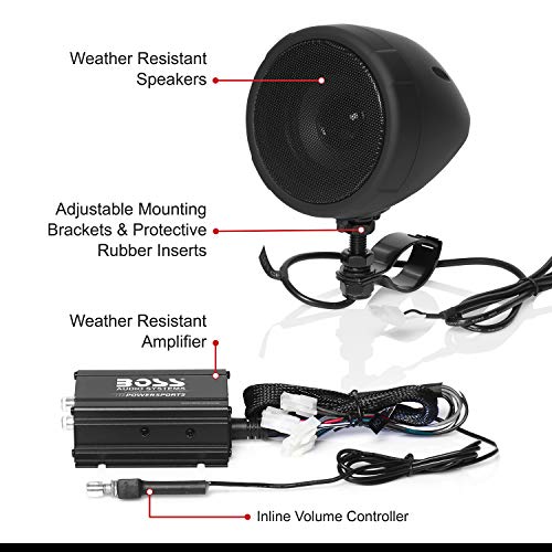 BOSS Audio Systems - Altavoces para motocicleta de 3 pulgadas y sistema de sonido amplificador de audio - Amplificador compacto clase D, resistente a la intemperie