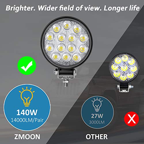 Zmoon Barra de luz LED redonda 2 piezas 4.5 pulgadas 140 W 14000 lm con arnés de guiño LED (10 pies/2 conductores), luz de inundación fuera de carretera antiniebla barra de luz de conducción para Jeep, SUV, camión, ATV, barco
